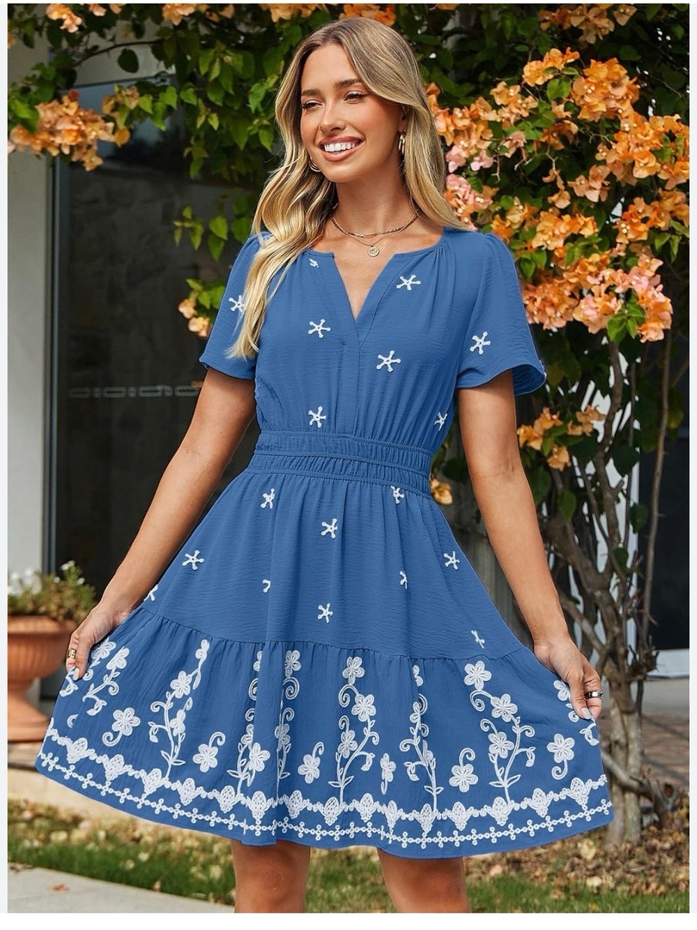 Simple Blue Short-Sleeve Embroidered Tiered Mini Dress